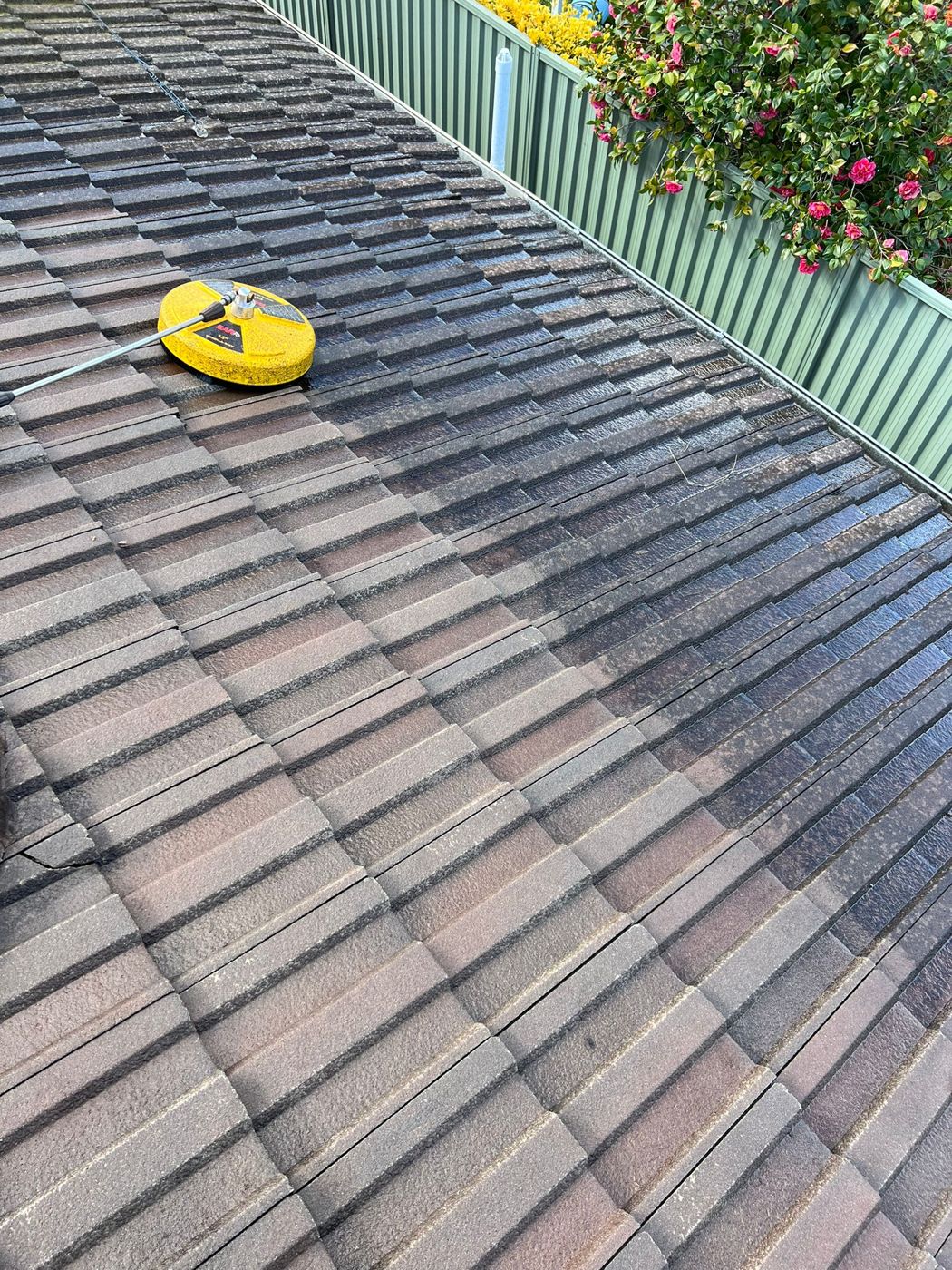 A grey tile roof mid clean, washer head clearing years of grime